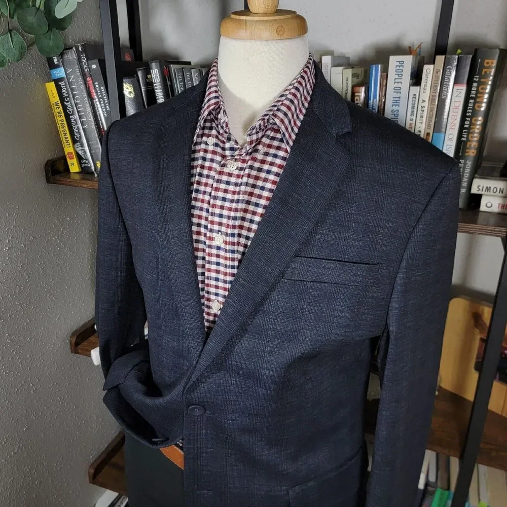 Joseph Abboud Men's Sport Coat‎ Blazer Two Button Navy Blue Plaid Slim Fit XLT